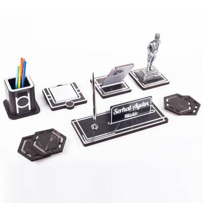 Space+ Atatürk Biblolu Gümüş Ahşap Masa İsimliği Seti Mermer Desenli Ofis Hediye Masa üstü İsimlik - 2