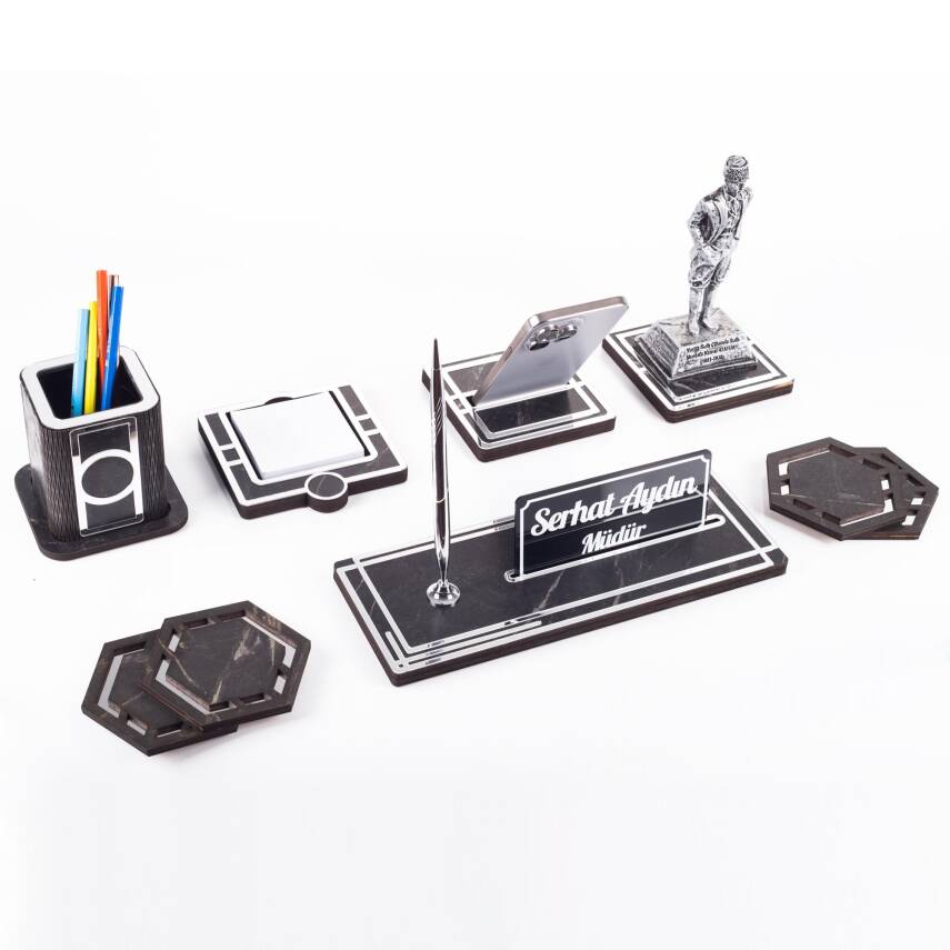 Space+ Atatürk Biblolu Gümüş Ahşap Masa İsimliği Seti Mermer Desenli Ofis Hediye Masa üstü İsimlik - 2