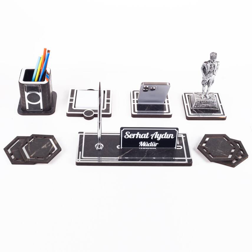 Space+ Atatürk Biblolu Gümüş Ahşap Masa İsimliği Seti Mermer Desenli Ofis Hediye Masa üstü İsimlik - 4