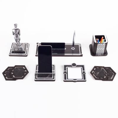 Space+ Atatürk Biblolu Gümüş Ahşap Masa İsimliği Seti Mermer Desenli Ofis Hediye Masa üstü İsimlik - 3