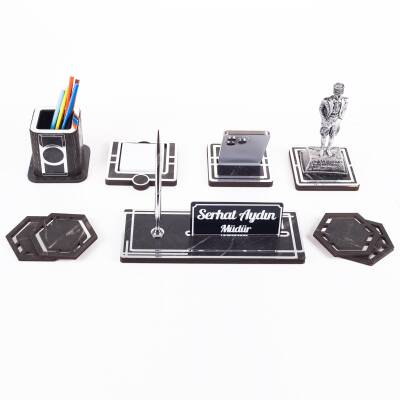 Space+ Atatürk Biblolu Gümüş Ahşap Masa İsimliği Seti Mermer Desenli Ofis Hediye Masa üstü İsimlik - 4