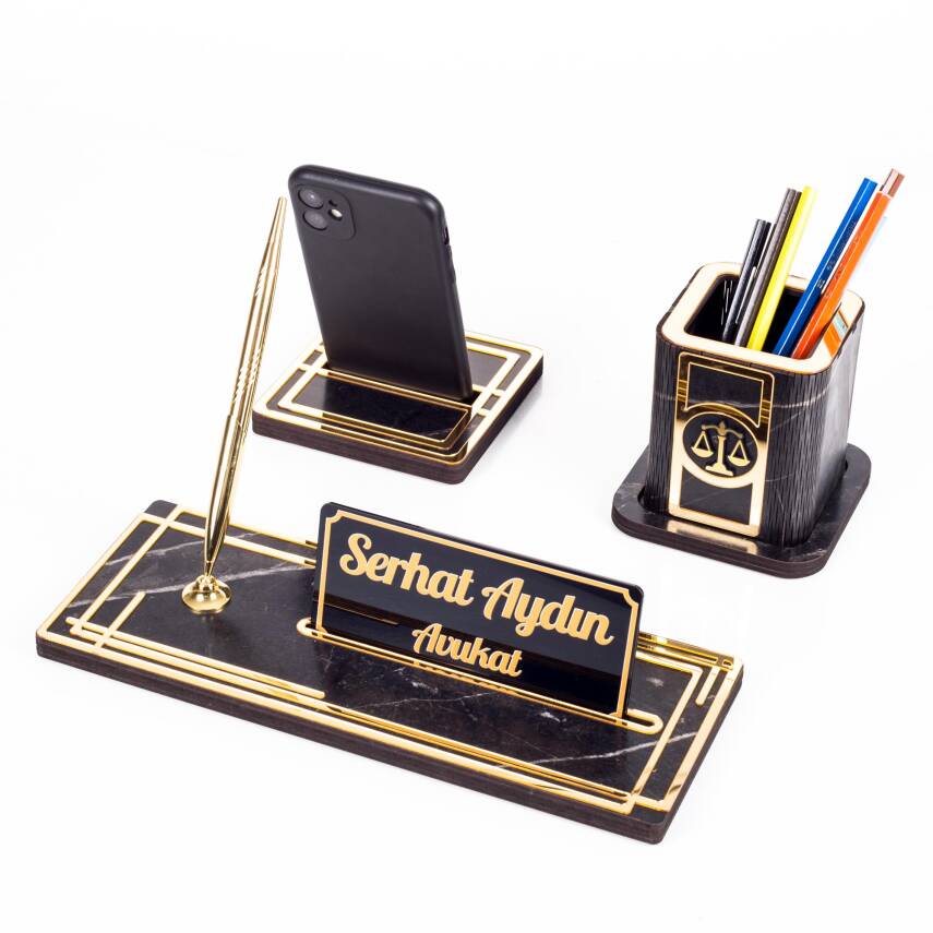 Space Avukatlara Özel Kalemlikli Ahşap Masa İsimliği Seti Mermer Desenli Hediye Ofis Masa İsimlik - 1
