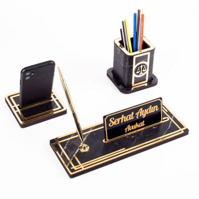 Space Avukatlara Özel Kalemlikli Ahşap Masa İsimliği Seti Mermer Desenli Hediye Ofis Masa İsimlik - 2