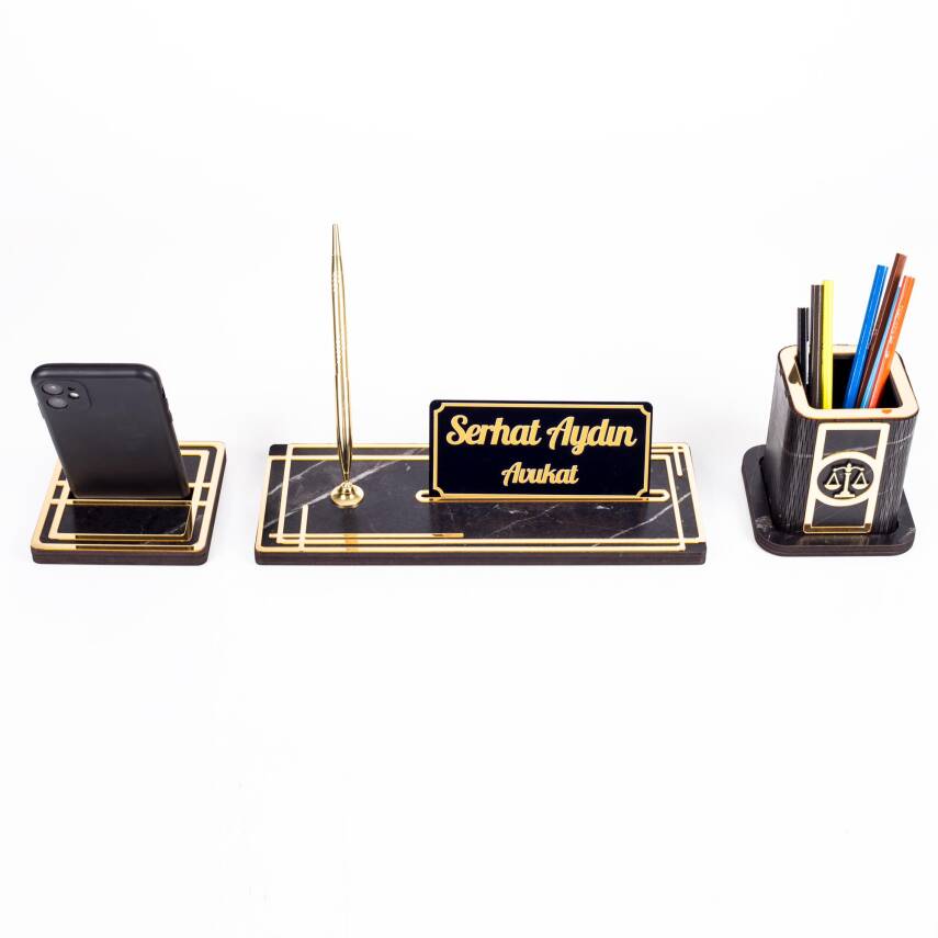 Space Avukatlara Özel Kalemlikli Ahşap Masa İsimliği Seti Mermer Desenli Hediye Ofis Masa İsimlik - 3