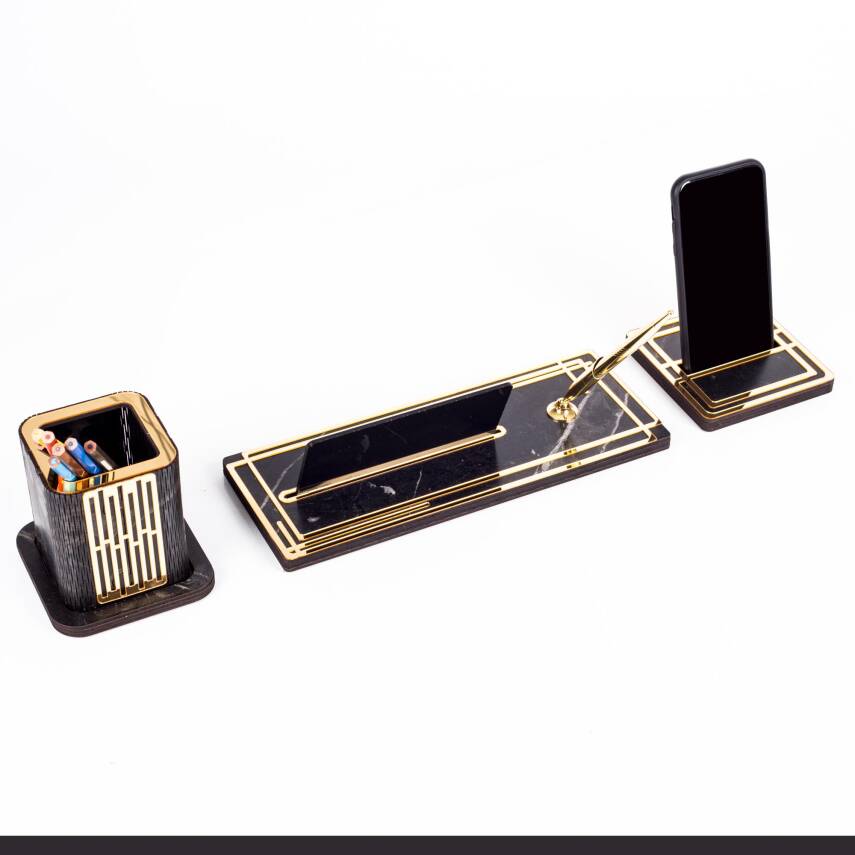 Space Avukatlara Özel Kalemlikli Ahşap Masa İsimliği Seti Mermer Desenli Hediye Ofis Masa İsimlik - 4