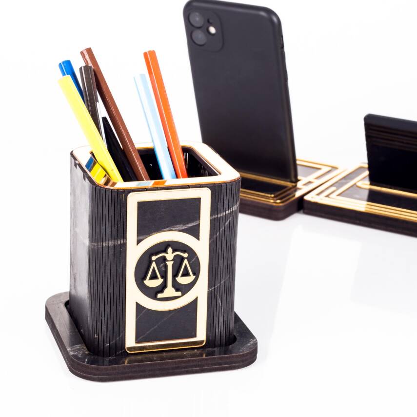 Space Avukatlara Özel Kalemlikli Ahşap Masa İsimliği Seti Mermer Desenli Hediye Ofis Masa İsimlik - 6