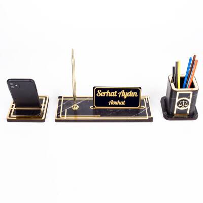 Space Avukatlara Özel Kalemlikli Ahşap Masa İsimliği Seti Mermer Desenli Hediye Ofis Masa İsimlik - 3