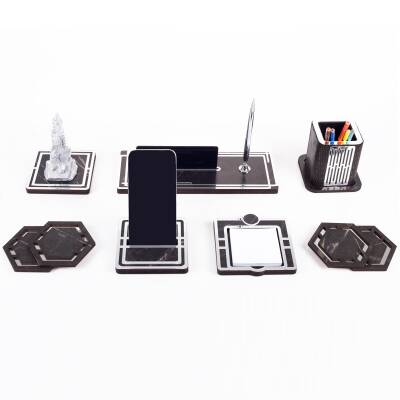 Space+ Bozkurt Biblolu Ahşap Masa İsimliği Seti Mermer Desenli Ülkücüye Hediye Ofis Masaüstü İsimlik - 3