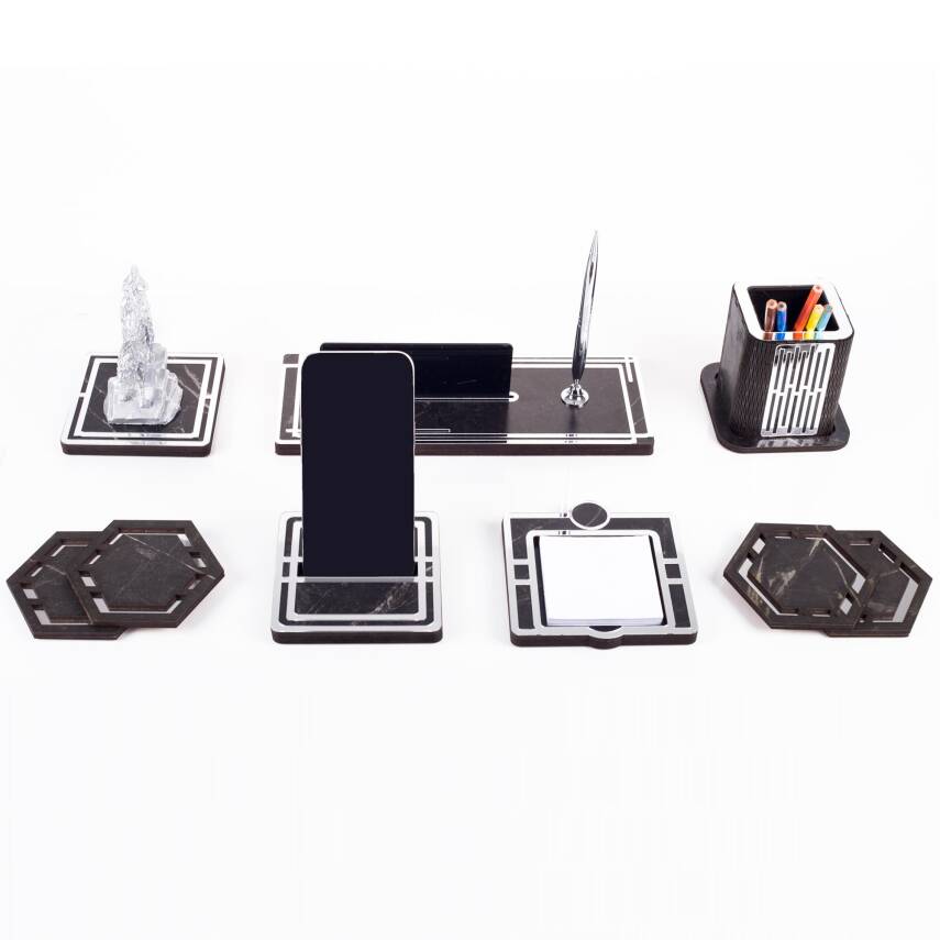 Space+ Bozkurt Biblolu Ahşap Masa İsimliği Seti Mermer Desenli Ülkücüye Hediye Ofis Masaüstü İsimlik - 3