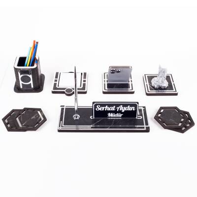 Space+ Bozkurt Biblolu Ahşap Masa İsimliği Seti Mermer Desenli Ülkücüye Hediye Ofis Masaüstü İsimlik - 4