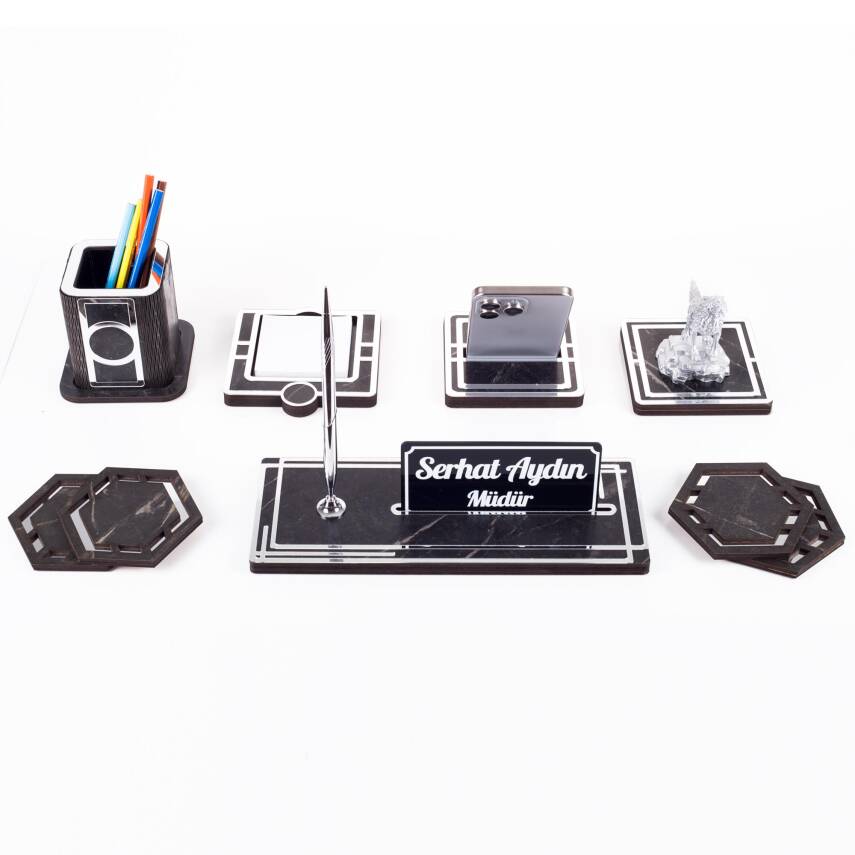 Space+ Bozkurt Biblolu Ahşap Masa İsimliği Seti Mermer Desenli Ülkücüye Hediye Ofis Masaüstü İsimlik - 4