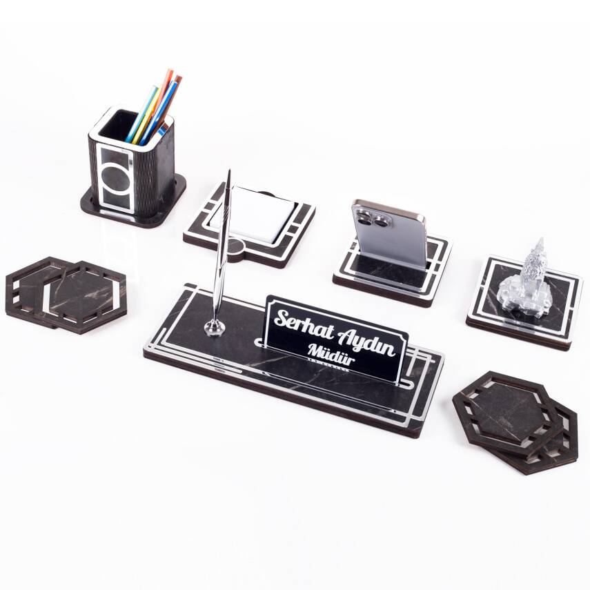 Space+ Bozkurt Biblolu Ahşap Masa İsimliği Seti Mermer Desenli Ülkücüye Hediye Ofis Masaüstü İsimlik - 2