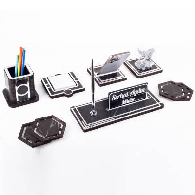 Space+ Bozkurt Biblolu Ahşap Masa İsimliği Seti Mermer Desenli Ülkücüye Hediye Ofis Masaüstü İsimlik - Ofistike