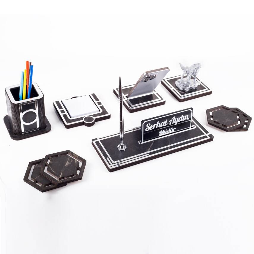 Space+ Bozkurt Biblolu Ahşap Masa İsimliği Seti Mermer Desenli Ülkücüye Hediye Ofis Masaüstü İsimlik - 1