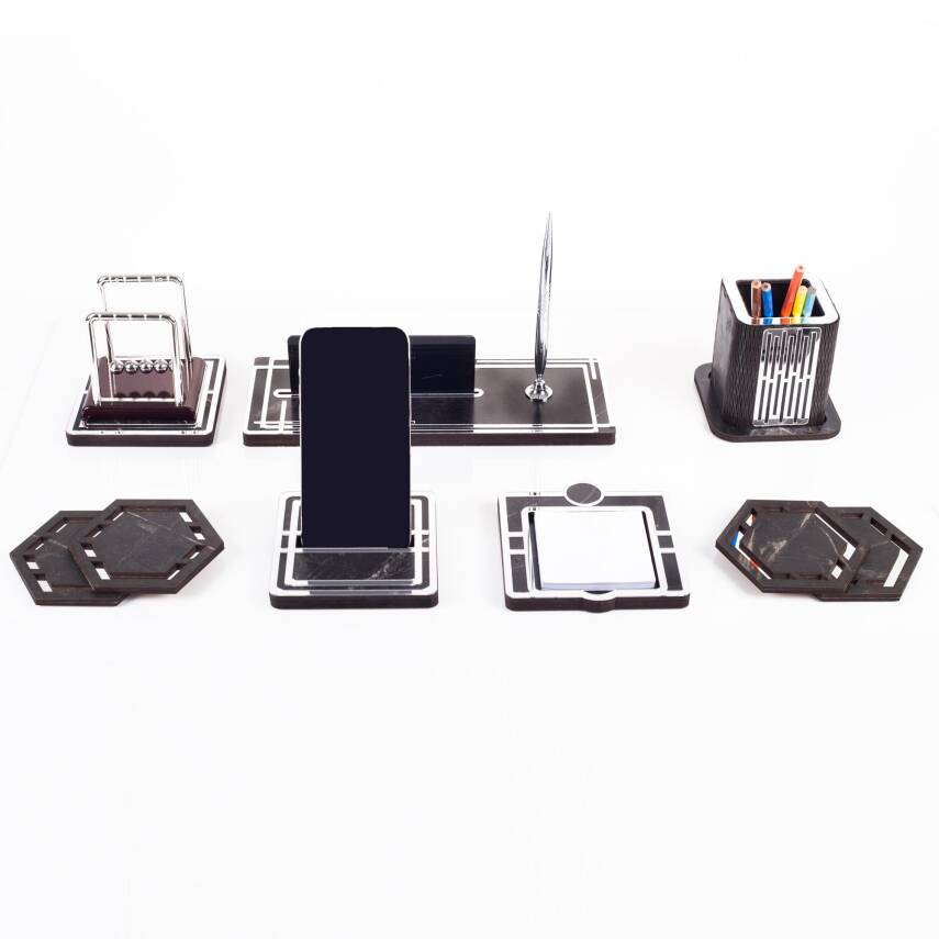 Space+ Denge Biblolu Ahşap Masa İsimliği Seti Mermer Desenli Ofis Dekoratif Masa üstü İsimlik - 3