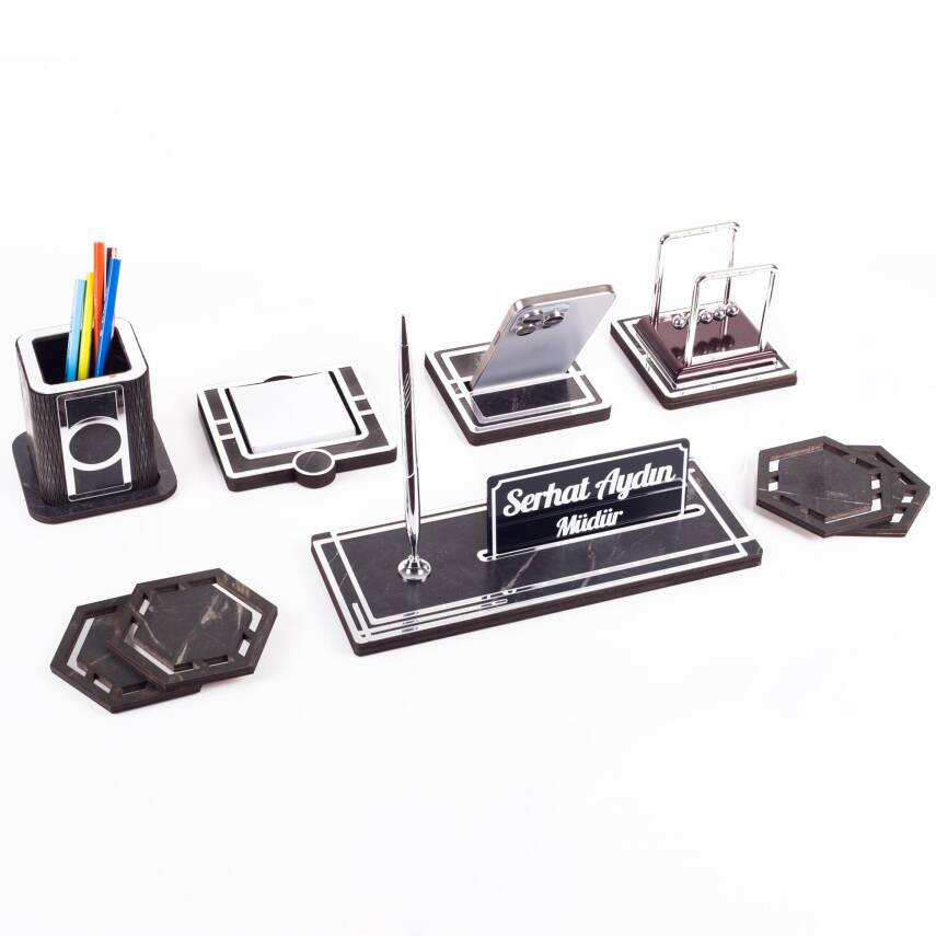 Space+ Denge Biblolu Ahşap Masa İsimliği Seti Mermer Desenli Ofis Dekoratif Masa üstü İsimlik - 1