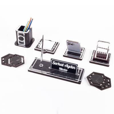 Space+ Denge Biblolu Ahşap Masa İsimliği Seti Mermer Desenli Ofis Dekoratif Masa üstü İsimlik - 2