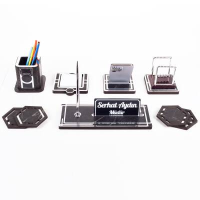 Space+ Denge Biblolu Ahşap Masa İsimliği Seti Mermer Desenli Ofis Dekoratif Masa üstü İsimlik - 4