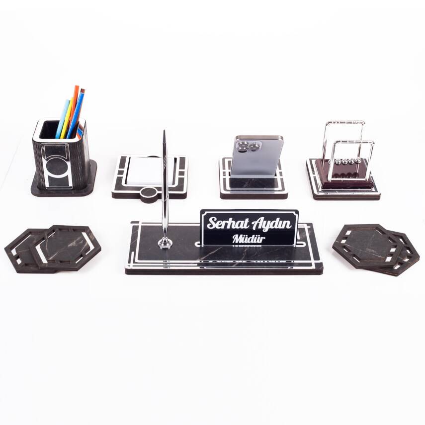 Space+ Denge Biblolu Ahşap Masa İsimliği Seti Mermer Desenli Ofis Dekoratif Masa üstü İsimlik - 4