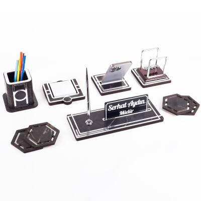 Space+ Denge Biblolu Ahşap Masa İsimliği Seti Mermer Desenli Ofis Dekoratif Masa üstü İsimlik - Ofistike