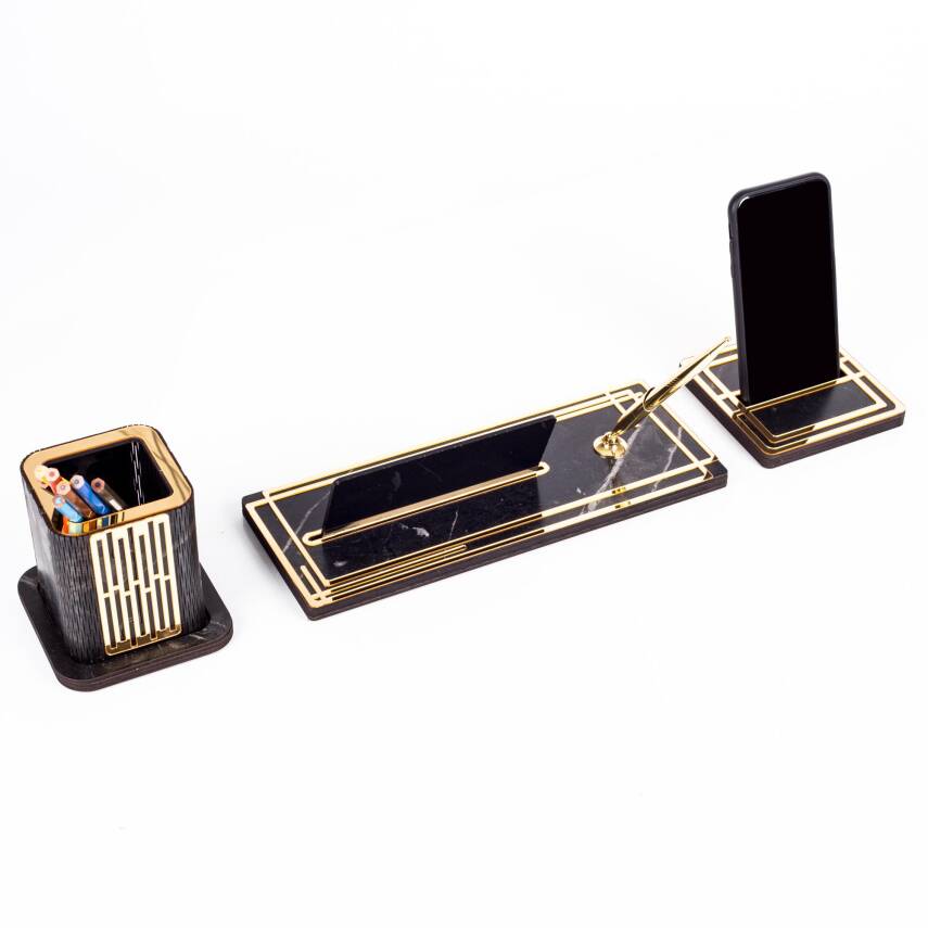 Space Doktora Özel Kalemlikli Ahşap Masa İsimliği Seti Mermer Desenli Hediye Ofis Masa İsimlik - 4