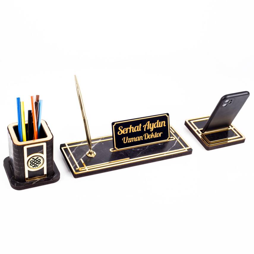 Space Doktora Özel Kalemlikli Ahşap Masa İsimliği Seti Mermer Desenli Hediye Ofis Masa İsimlik - 3