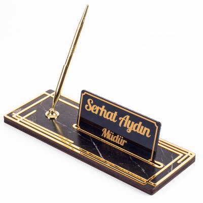 Space Gold Kalemli Ahşap Masa İsimliği Mermer Desenli Hediye Ofis Dekoratif Masa üstü İsimlik - Ofistike