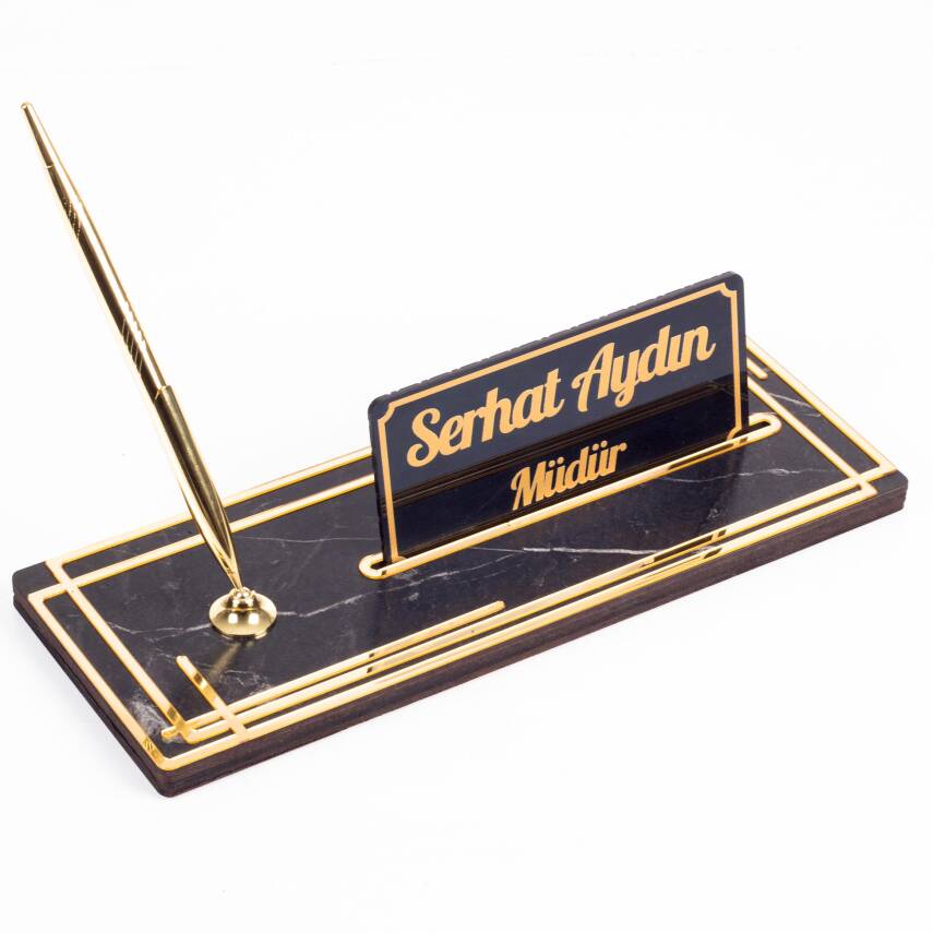 Space Gold Kalemli Ahşap Masa İsimliği Mermer Desenli Hediye Ofis Dekoratif Masa üstü İsimlik - 2