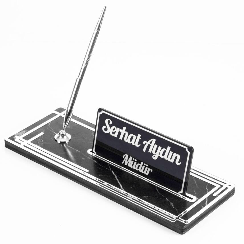 Space Gümüş Kalemli Ahşap Masa İsimliği Mermer Desenli Hediye Ofis Dekoratif Masa üstü İsimlik - 1