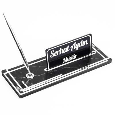 Space Gümüş Kalemli Ahşap Masa İsimliği Mermer Desenli Hediye Ofis Dekoratif Masa üstü İsimlik - 2