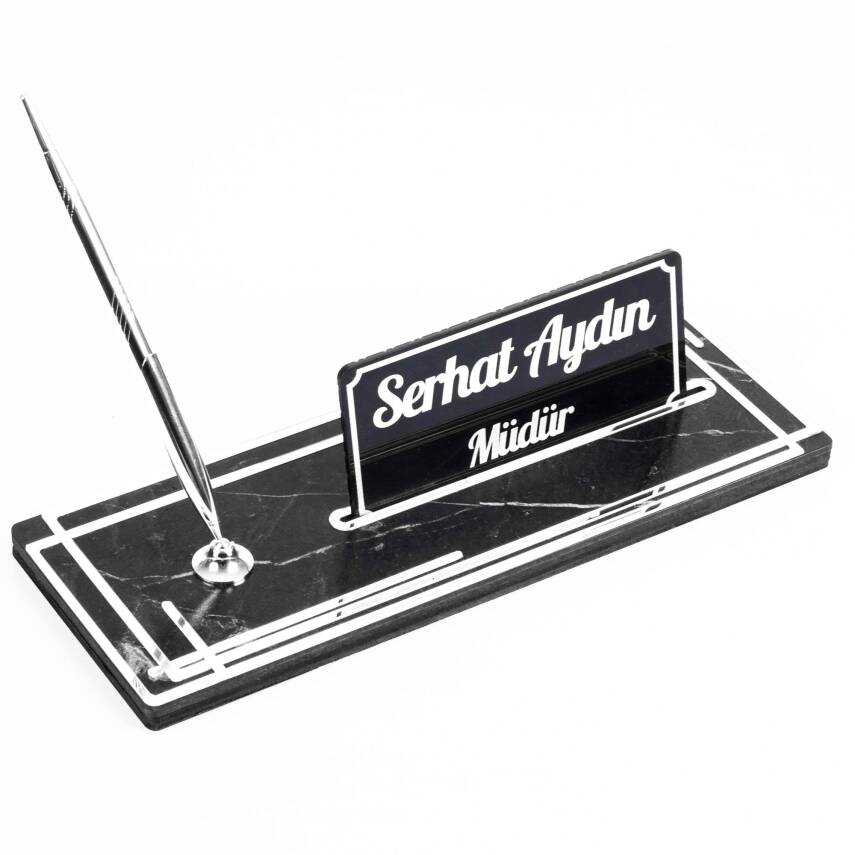 Space Gümüş Kalemli Ahşap Masa İsimliği Mermer Desenli Hediye Ofis Dekoratif Masa üstü İsimlik - 2