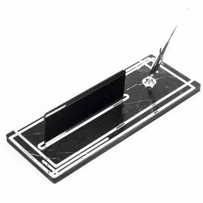 Space Gümüş Kalemli Ahşap Masa İsimliği Mermer Desenli Hediye Ofis Dekoratif Masa üstü İsimlik - 4