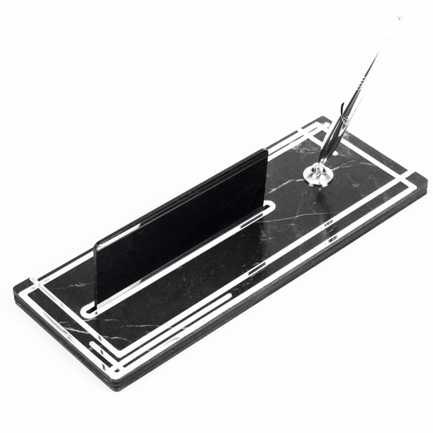 Space Gümüş Kalemli Ahşap Masa İsimliği Mermer Desenli Hediye Ofis Dekoratif Masa üstü İsimlik - 4