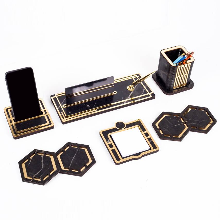 Space+ Kalemlikli Ahşap Masa İsimliği Seti Mermer Desenli Hediye Ofis Dekoratif Masa üstü İsimlik - 2