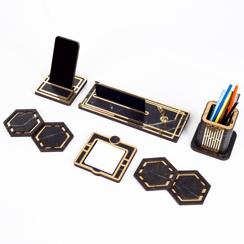 Space+ Kalemlikli Ahşap Masa İsimliği Seti Mermer Desenli Hediye Ofis Dekoratif Masa üstü İsimlik - 4