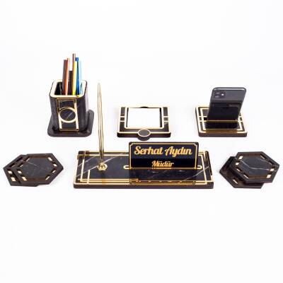 Space+ Kalemlikli Ahşap Masa İsimliği Seti Mermer Desenli Hediye Ofis Dekoratif Masa üstü İsimlik - 5