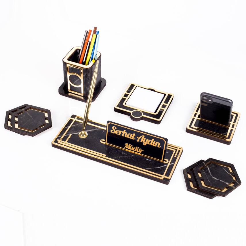 Space+ Kalemlikli Ahşap Masa İsimliği Seti Mermer Desenli Hediye Ofis Dekoratif Masa üstü İsimlik - 1