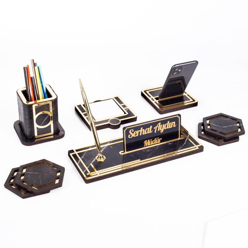 Space+ Kalemlikli Ahşap Masa İsimliği Seti Mermer Desenli Hediye Ofis Dekoratif Masa üstü İsimlik - 3