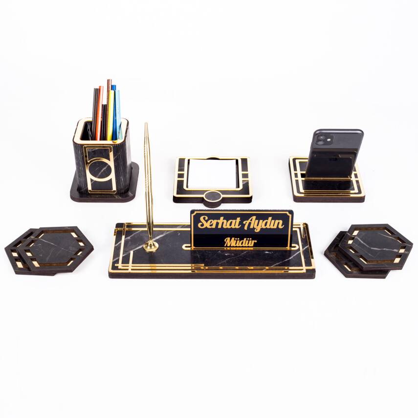 Space+ Kalemlikli Ahşap Masa İsimliği Seti Mermer Desenli Hediye Ofis Dekoratif Masa üstü İsimlik - 5