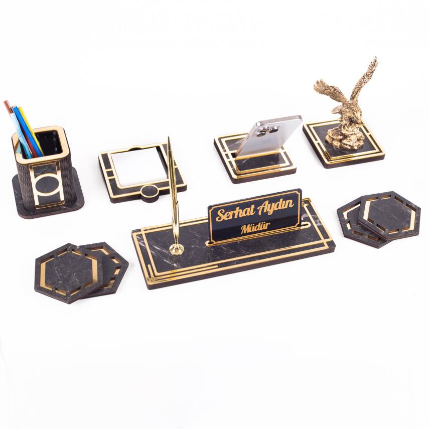 Space+ Kartal Biblolu Ahşap Masa İsimliği Seti Mermer Desenli Ofis Dekoratif Masa üstü İsimlik - 1