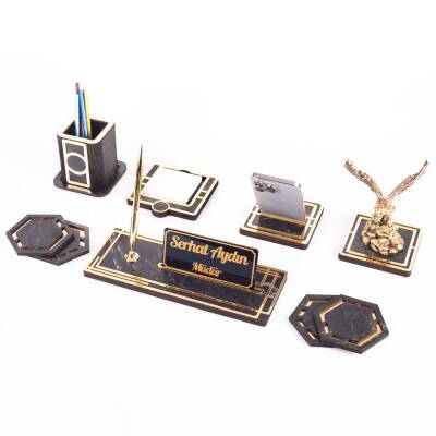 Space+ Kartal Biblolu Ahşap Masa İsimliği Seti Mermer Desenli Ofis Dekoratif Masa üstü İsimlik - 2