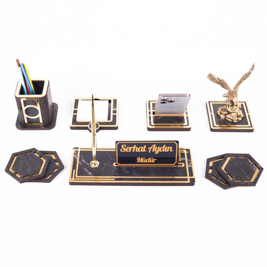 Space+ Kartal Biblolu Ahşap Masa İsimliği Seti Mermer Desenli Ofis Dekoratif Masa üstü İsimlik - 4