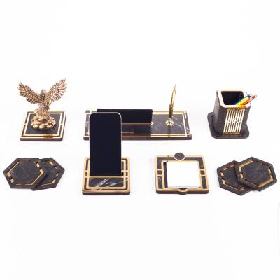 Space+ Kartal Biblolu Ahşap Masa İsimliği Seti Mermer Desenli Ofis Dekoratif Masa üstü İsimlik - 3