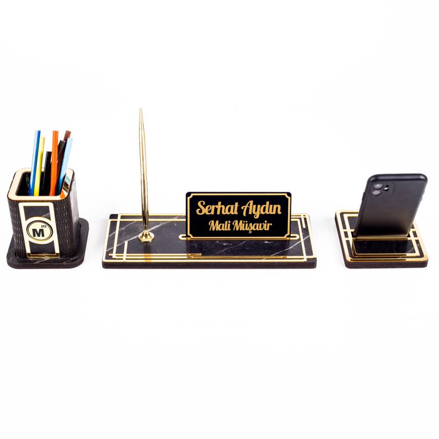 Space Mali Müşavire Özel Kalemlikli Ahşap Masa İsimliği Mermer Desenli Hediye Ofis Masa İsimlik - 2