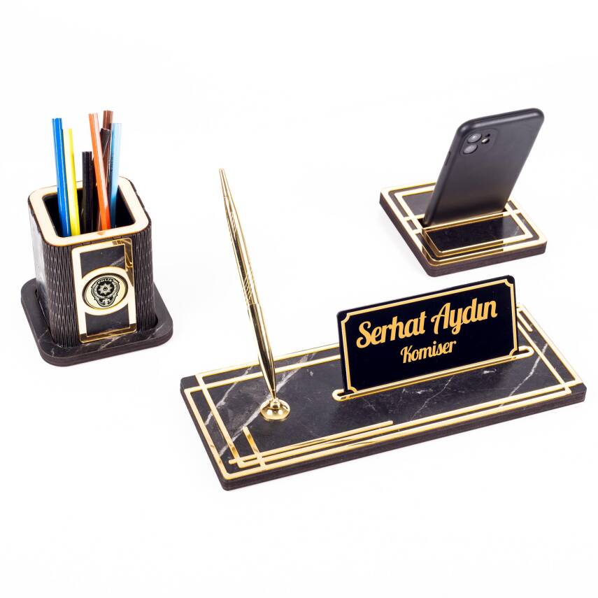 Space Polislere Özel Kalemlikli Ahşap Masa İsimliği Seti Mermer Desenli Hediye Ofis Masa İsimlik - 1