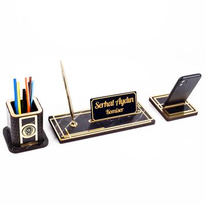 Space Polislere Özel Kalemlikli Ahşap Masa İsimliği Seti Mermer Desenli Hediye Ofis Masa İsimlik - 3