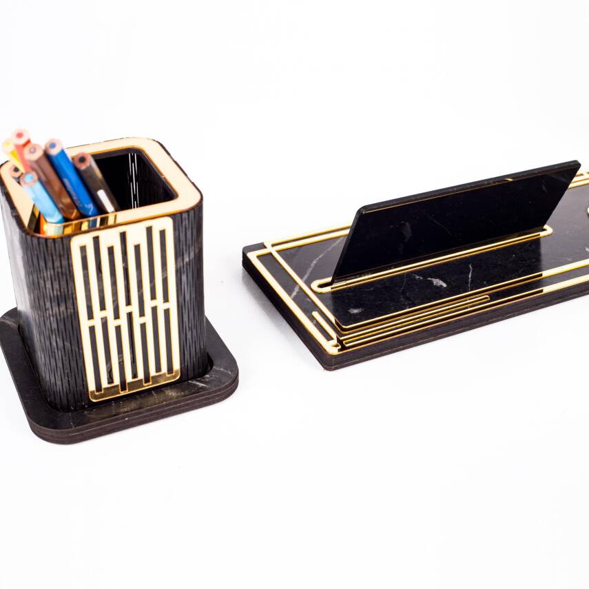 Space Polislere Özel Kalemlikli Ahşap Masa İsimliği Seti Mermer Desenli Hediye Ofis Masa İsimlik - 5