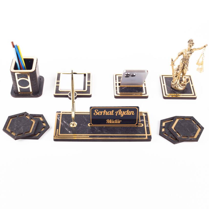 Space+ Themis Biblolu Ahşap Masa İsimliği Seti Mermer Desenli Ofis Dekoratif Masa üstü İsimlik - 4