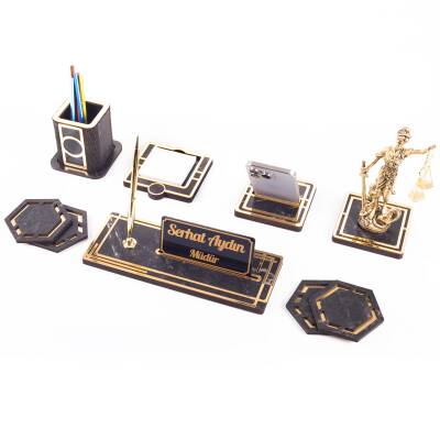 Space+ Themis Biblolu Ahşap Masa İsimliği Seti Mermer Desenli Ofis Dekoratif Masa üstü İsimlik - Ofistike