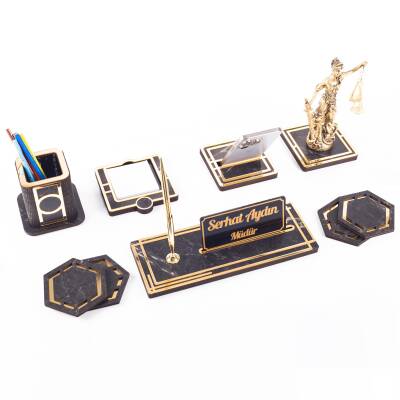 Space+ Themis Biblolu Ahşap Masa İsimliği Seti Mermer Desenli Ofis Dekoratif Masa üstü İsimlik - 2